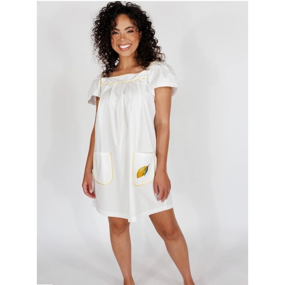 In My‎ Sundays White Cotton Lemon Embroidered Mini Dress Yellow Trim Womens M